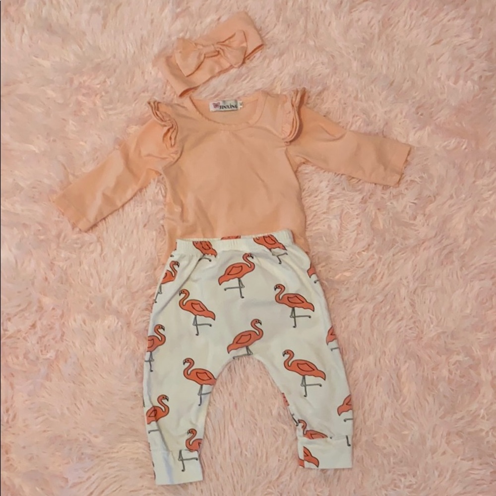 Pink onesie flamingo pants w/matching headband 9M